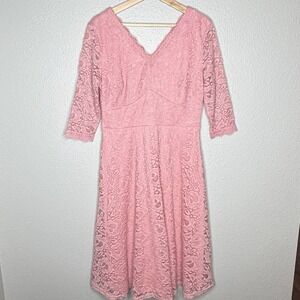 Jasambac Pink Lace Midi Dress 3/4 Sleeve‎ Fit Flare Womens L Wedding Soft Girl